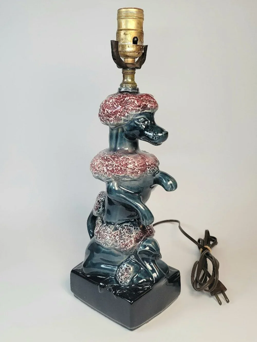 Poodle Table Lamp Bluish Black w/ Burgundy Glaze Ceramic Dog 12